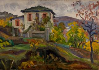 Zagora, House in Autumn — Oil painting, Canvas, 46.00×65.00cm — Theodoros Markellos